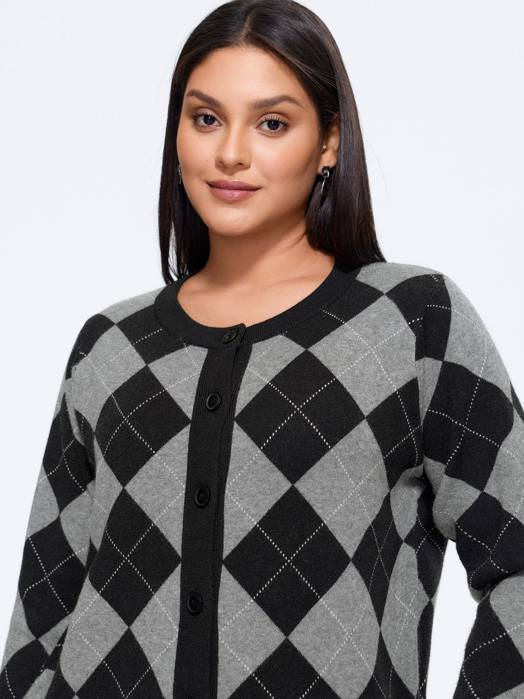 Supersoft Round Neck Argyle Button‑Down Cardigan