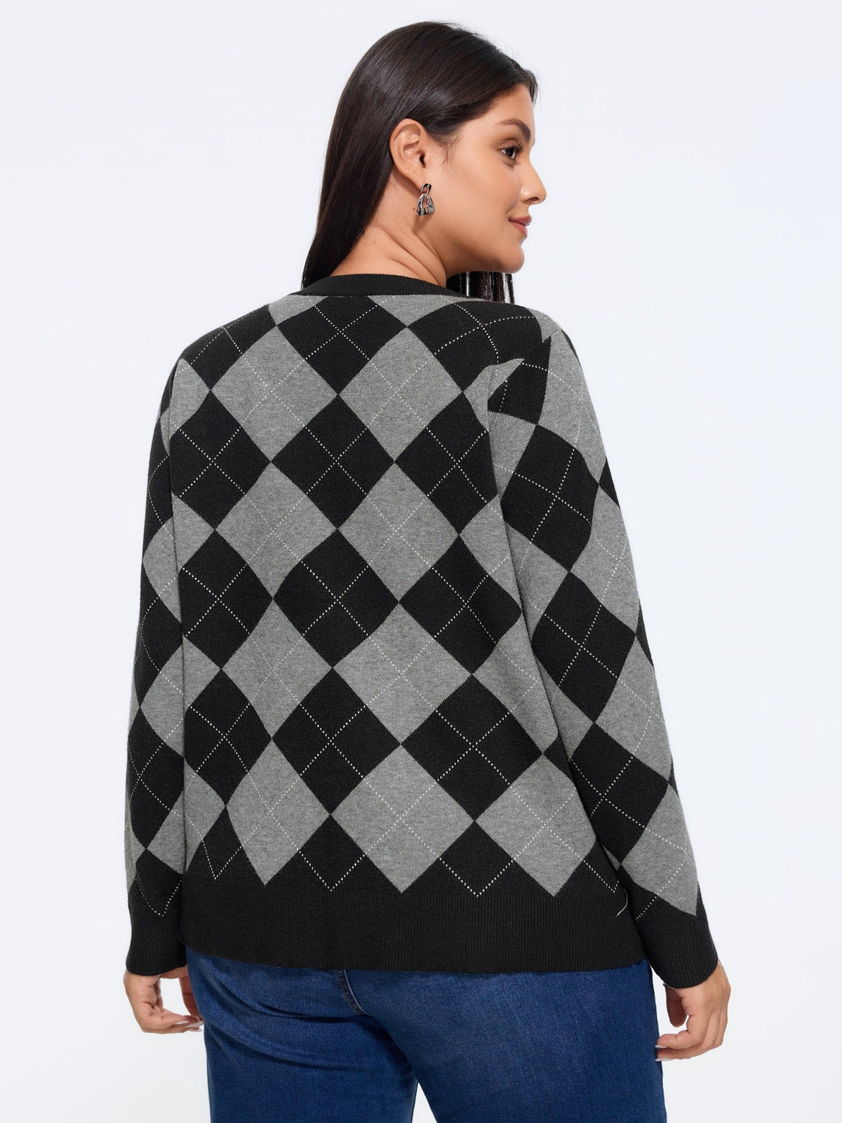 Supersoft Round Neck Argyle Button‑Down Cardigan