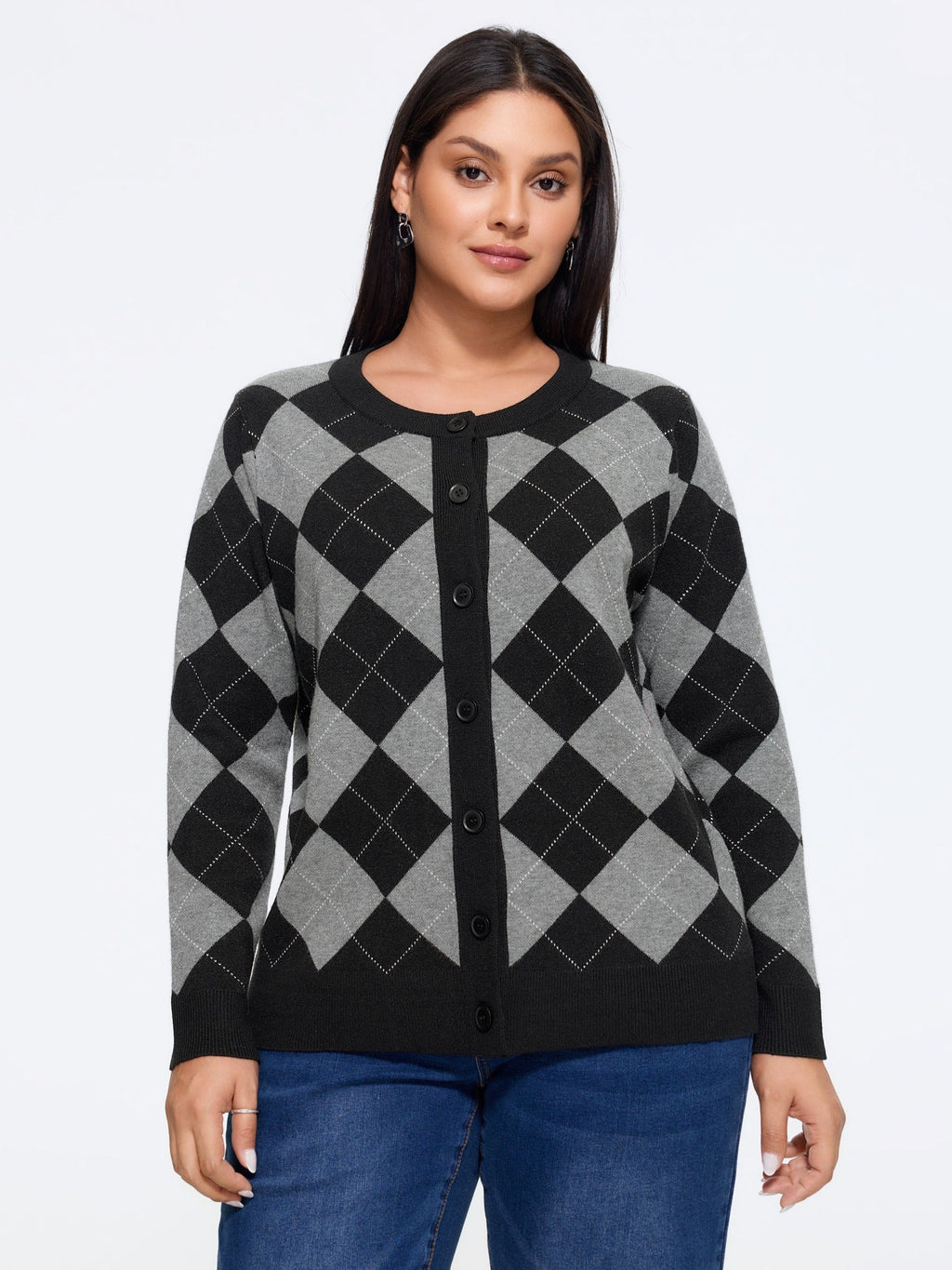 Supersoft Round Neck Argyle Button‑Down Cardigan