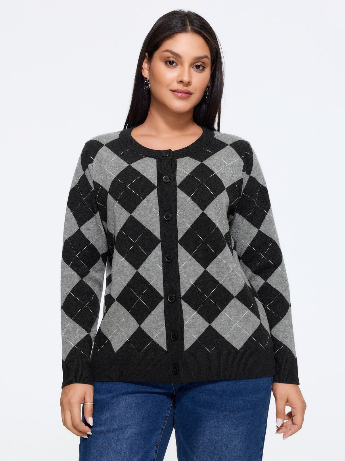 Supersoft Round Neck Argyle Button‑Down Cardigan