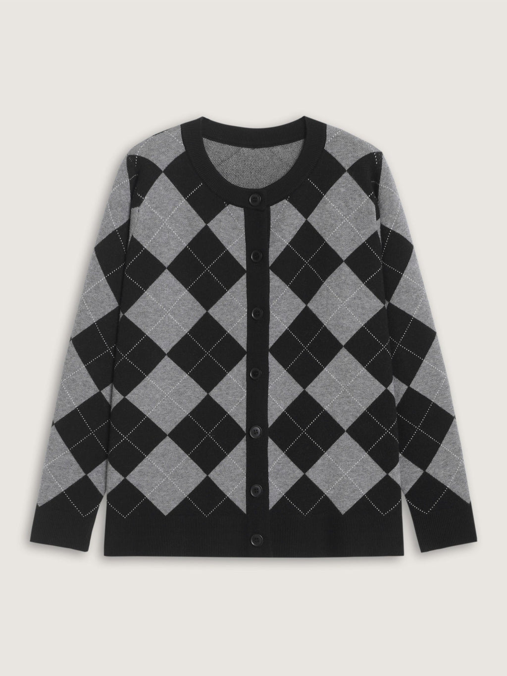 Supersoft Round Neck Argyle Button‑Down Cardigan