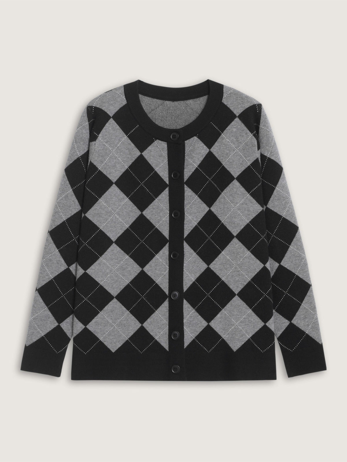 Supersoft Round Neck Argyle Button‑Down Cardigan