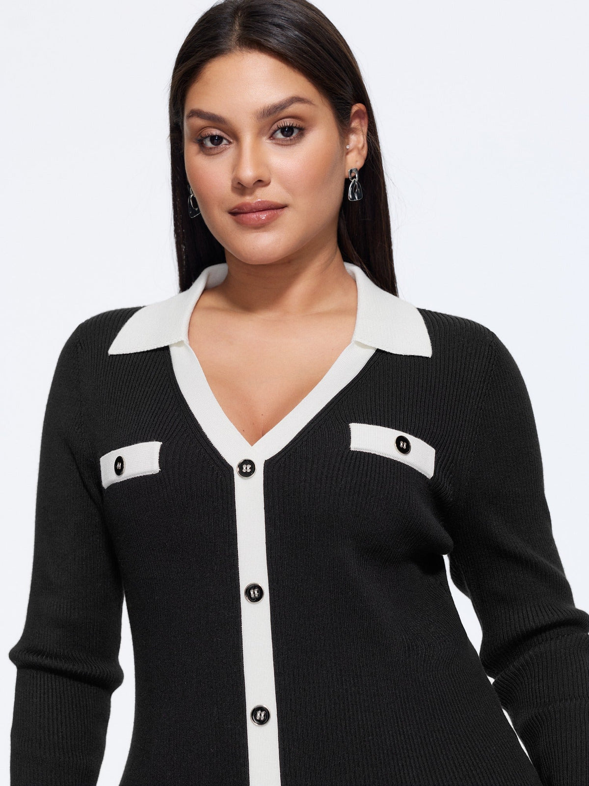 Contrast Collar Trim Button Front Pullover