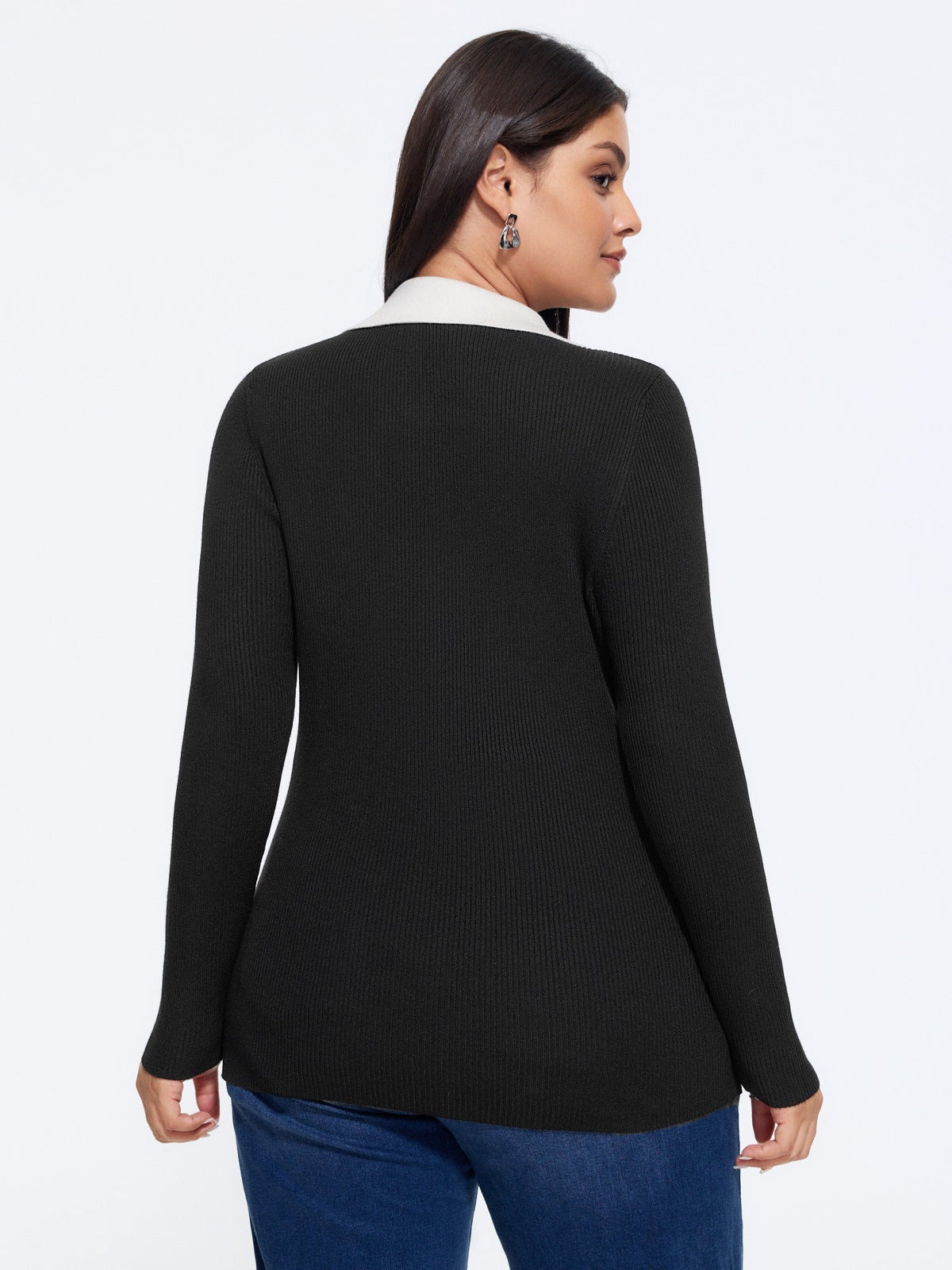 Contrast Collar Trim Button Front Pullover
