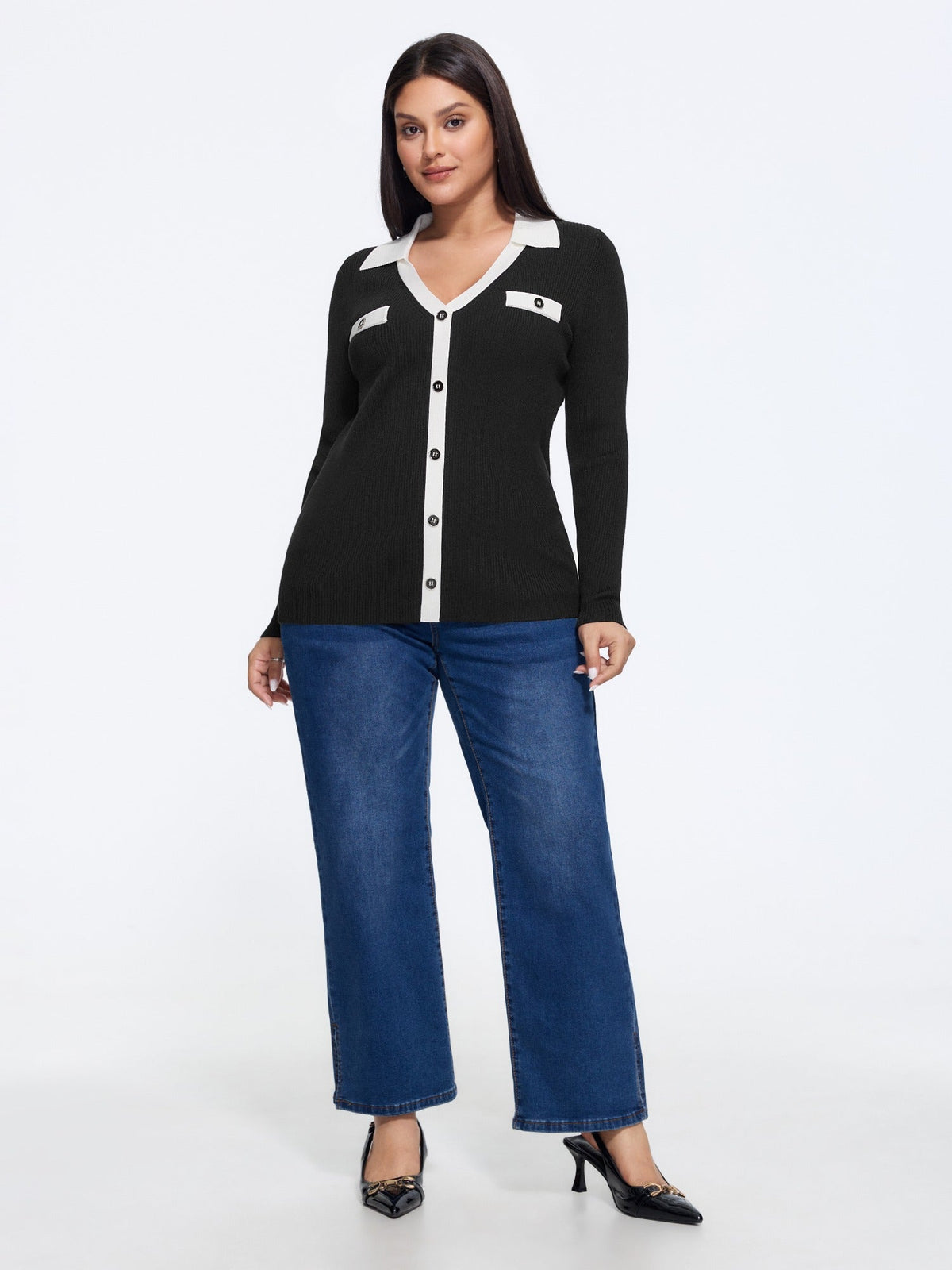 Contrast Collar Trim Button Front Pullover