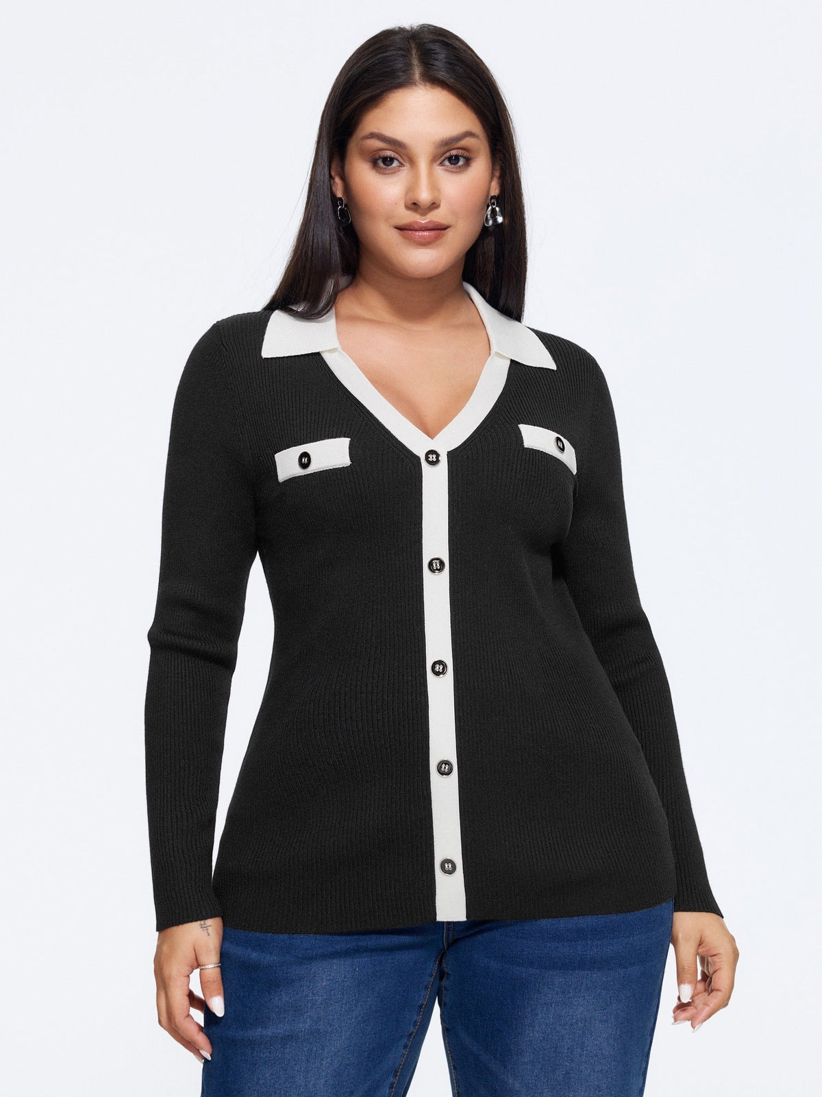 Contrast Collar Trim Button Front Pullover