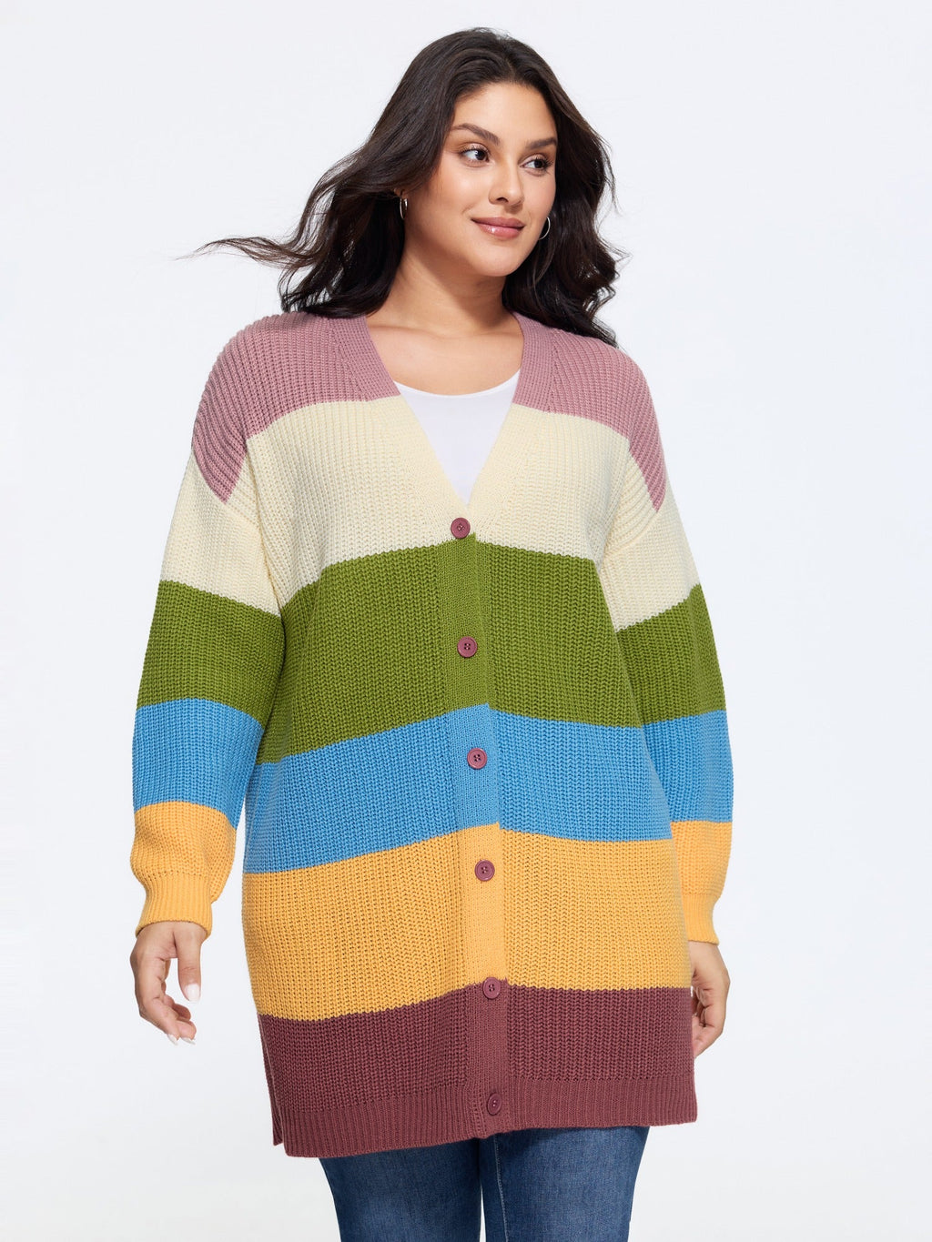 Colorblock Contrast Texture Button Cardigan