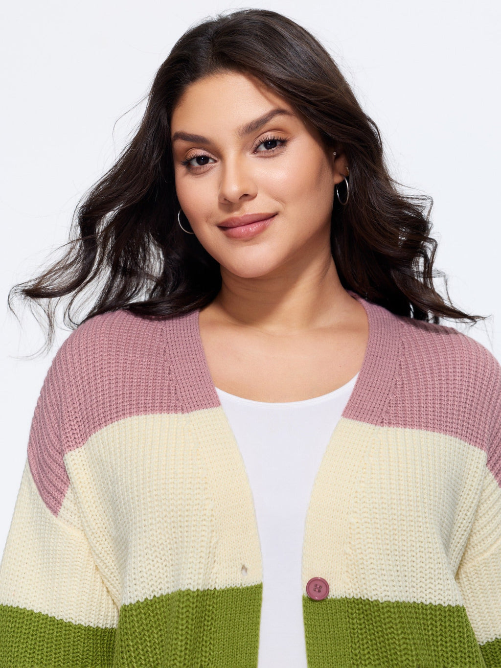 Colorblock Contrast Texture Button Cardigan