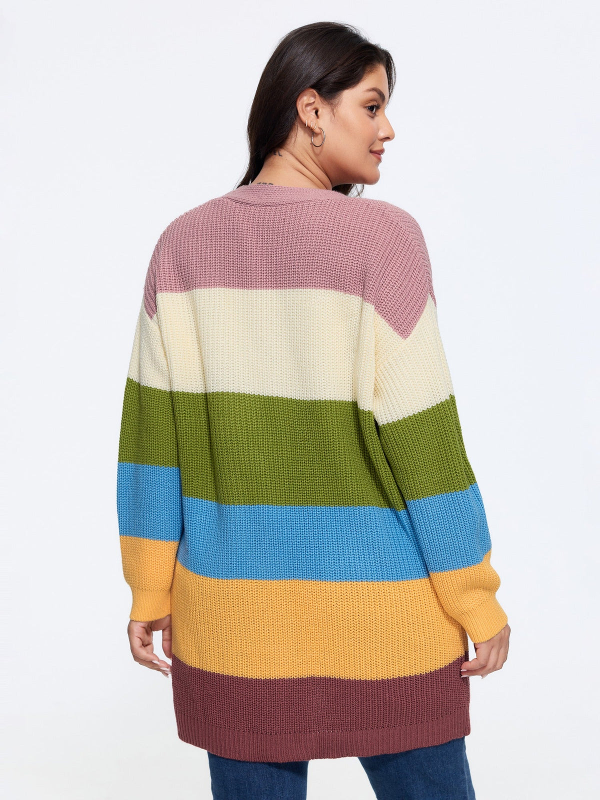 Colorblock Contrast Texture Button Cardigan