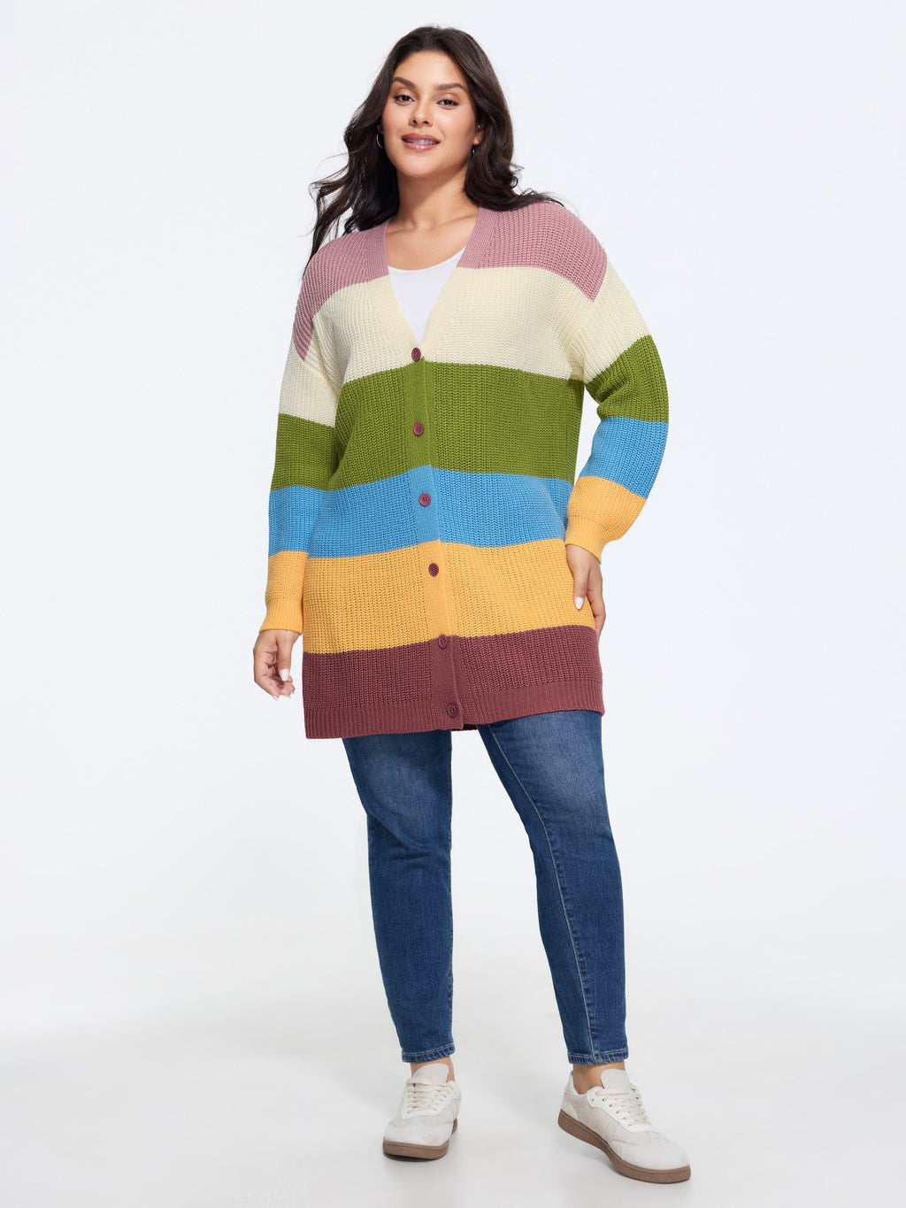Colorblock Contrast Texture Button Cardigan