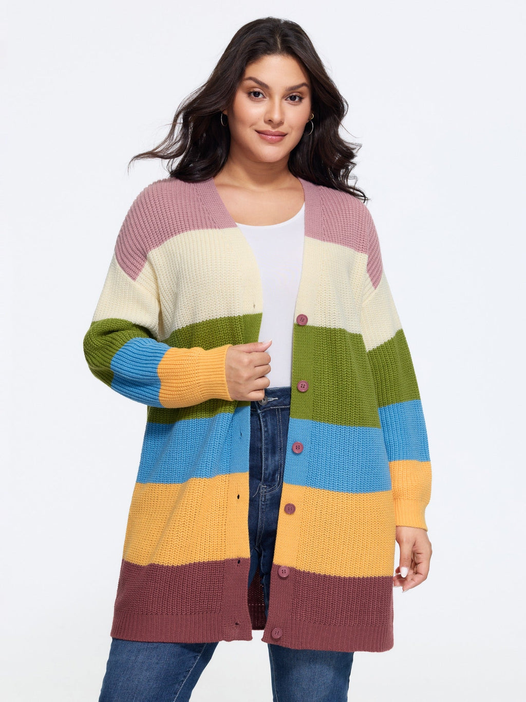 Colorblock Contrast Texture Button Cardigan