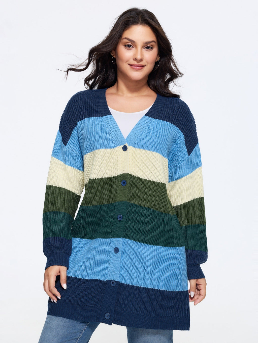 Colorblock Contrast Texture Button Cardigan