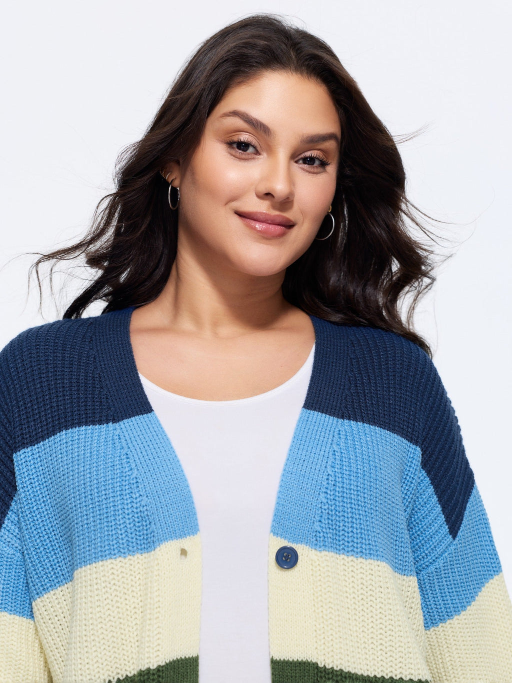 Colorblock Contrast Texture Button Cardigan