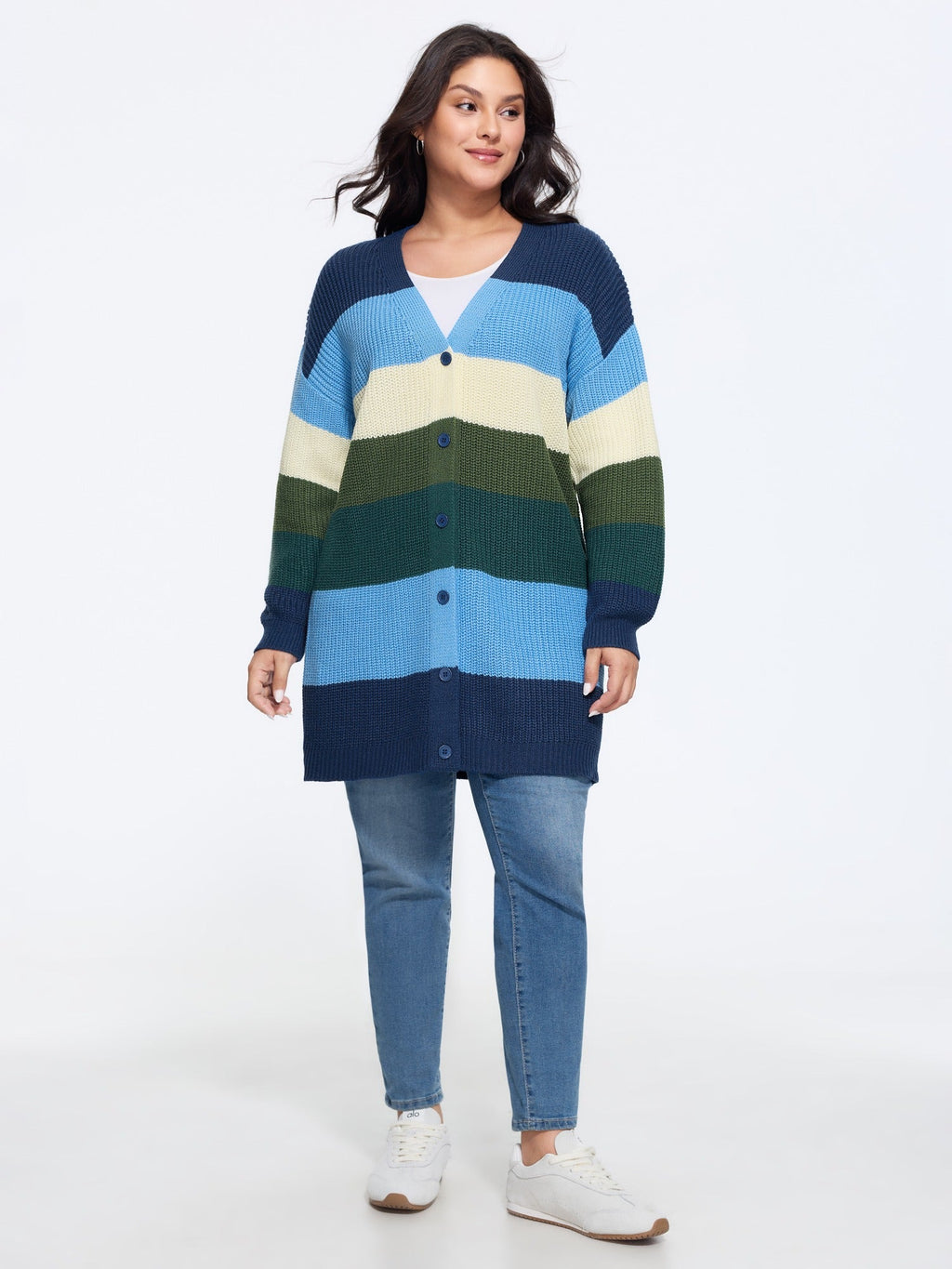 Colorblock Contrast Texture Button Cardigan