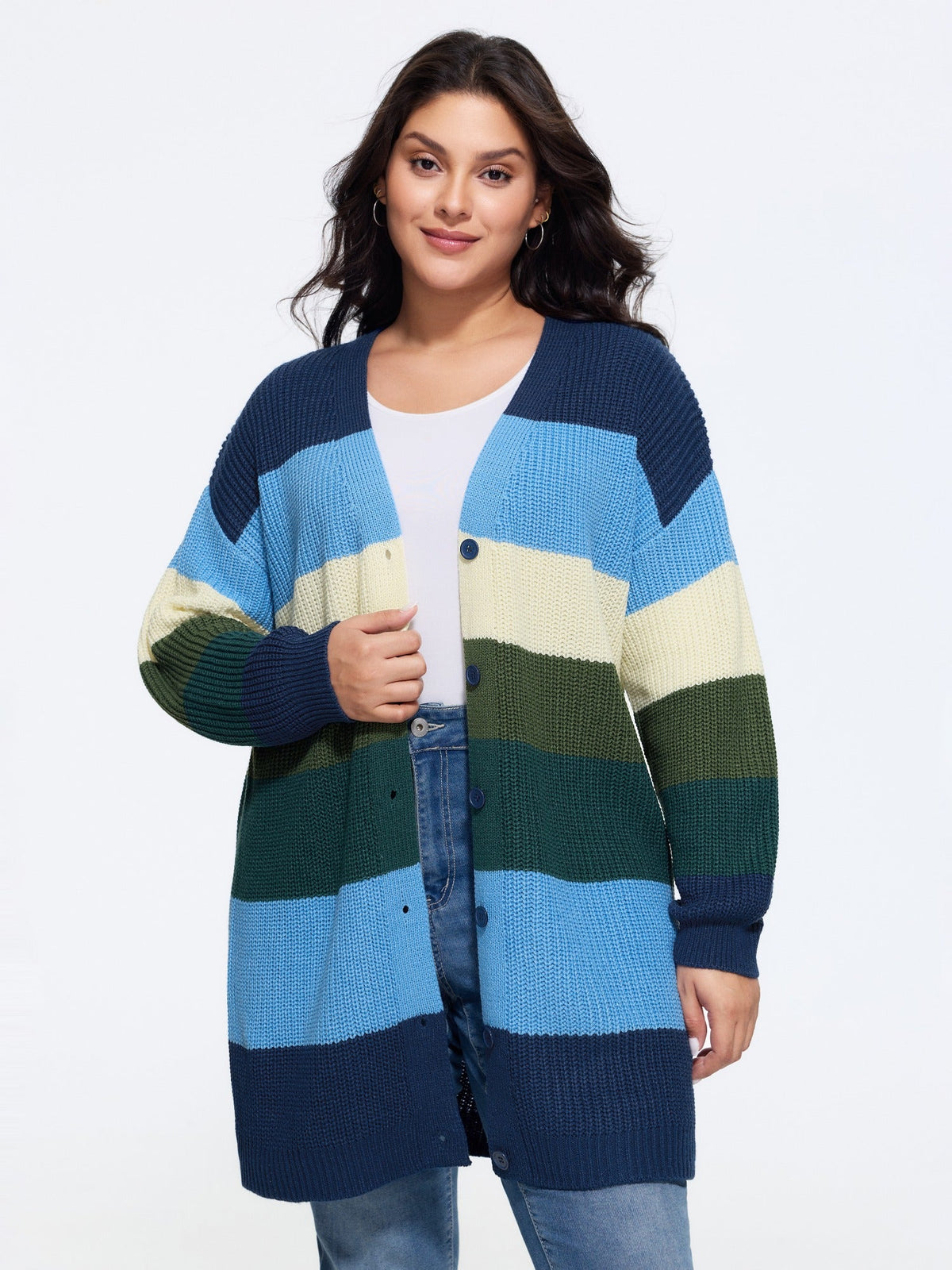 Colorblock Contrast Texture Button Cardigan
