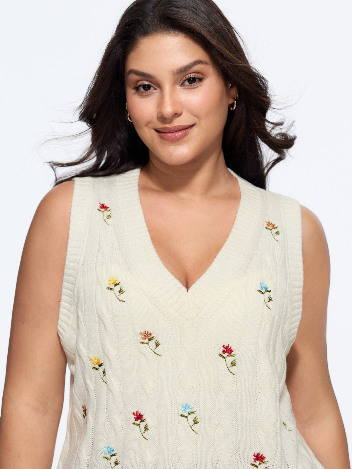 Floral Embroidery V‑Neck Cable Knit Sweater Vest