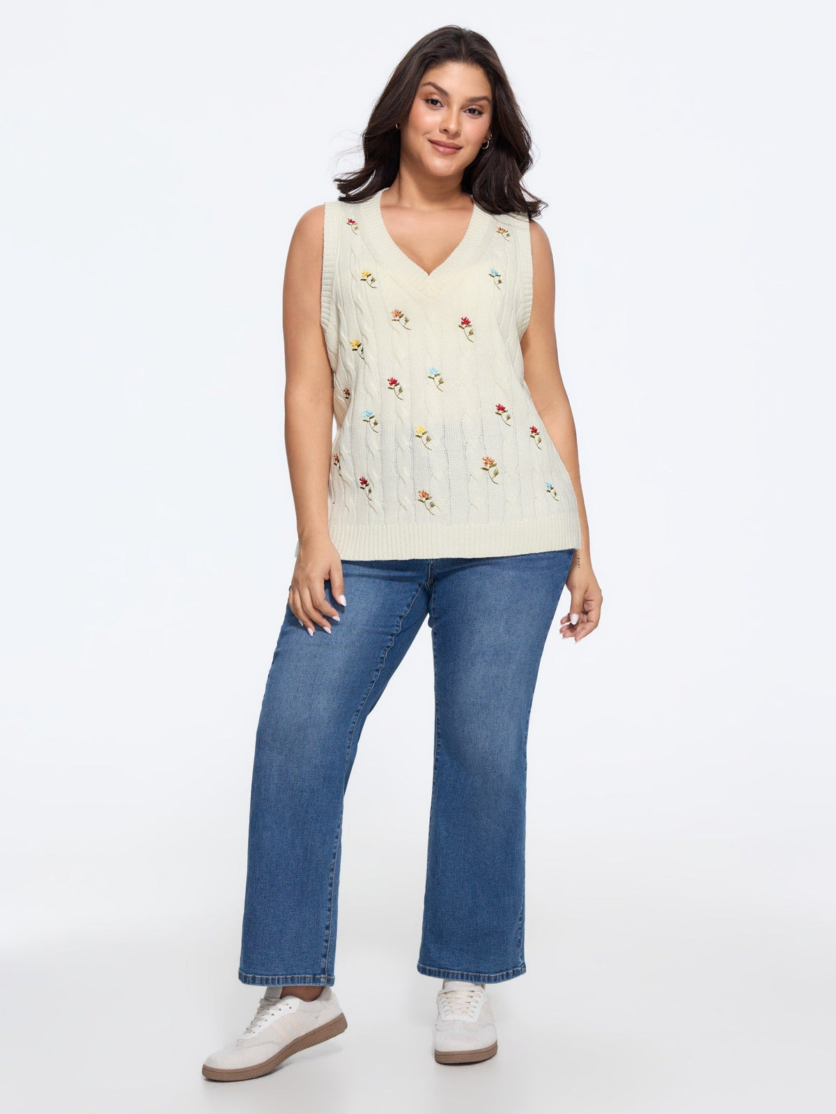 Floral Embroidery V‑Neck Cable Knit Sweater Vest