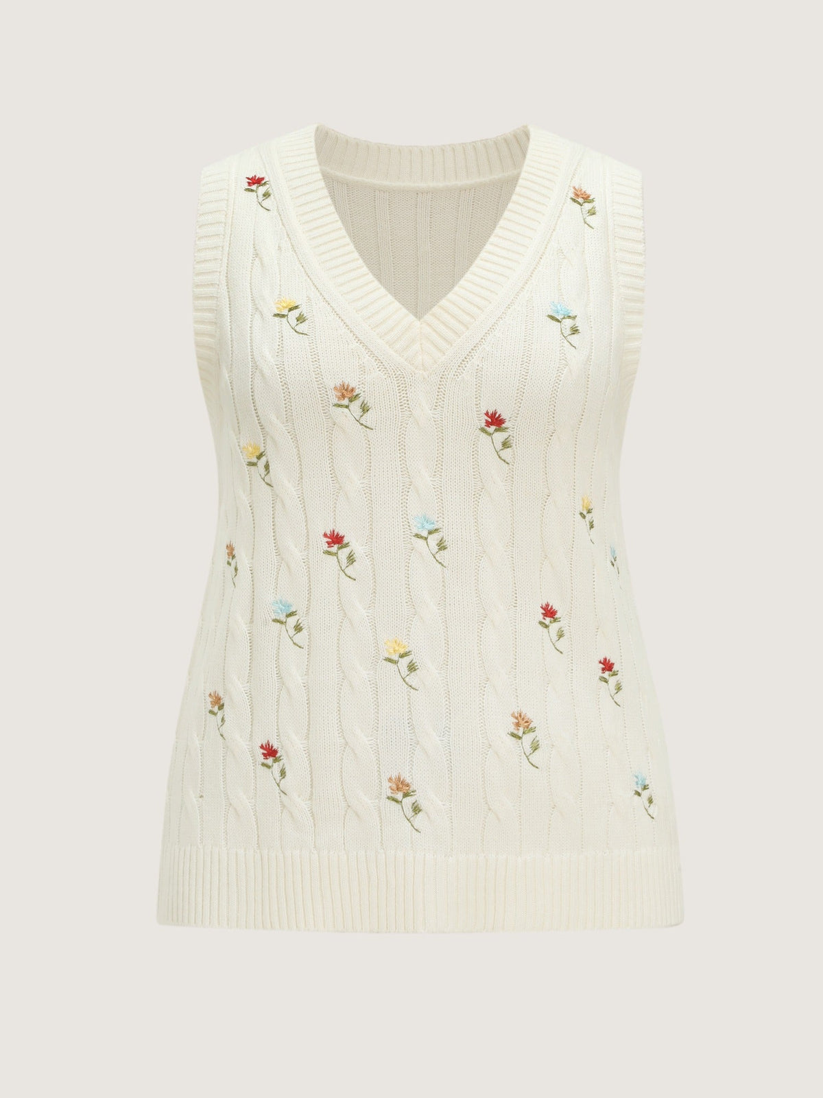 Floral Embroidery V‑Neck Cable Knit Sweater Vest