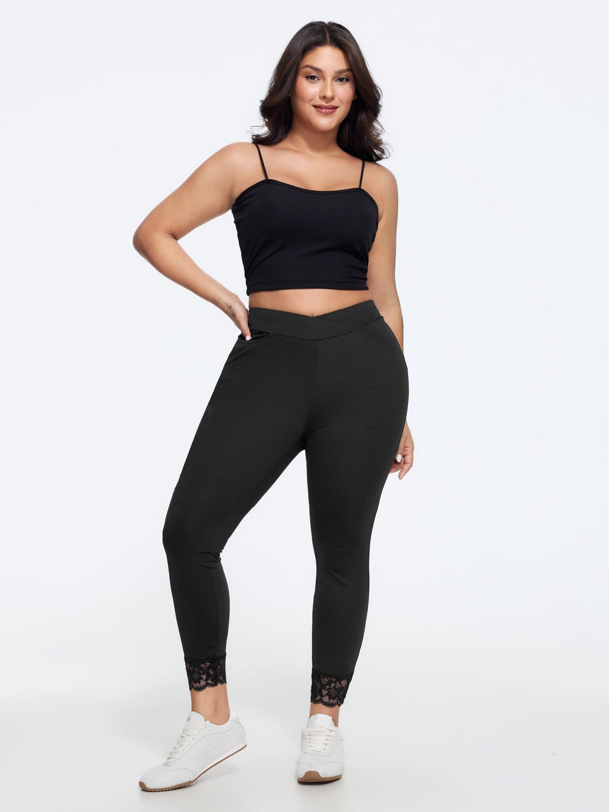 Stretch Crossover Waist Lace Trim Pocket Leggings