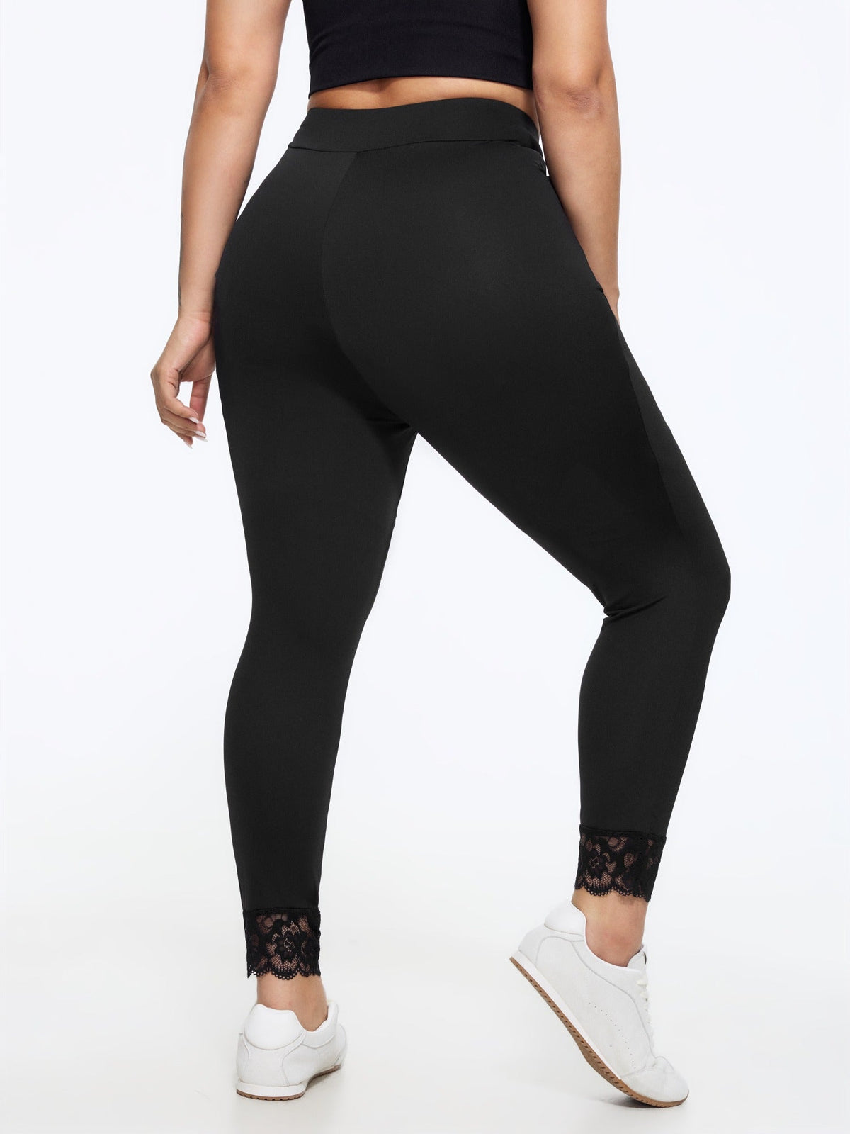 Stretch Crossover Waist Lace Trim Pocket Leggings