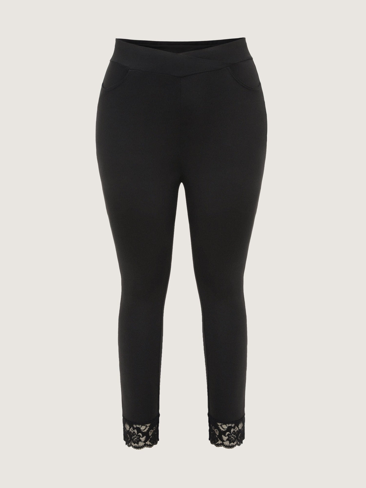 Stretch Crossover Waist Lace Trim Pocket Leggings