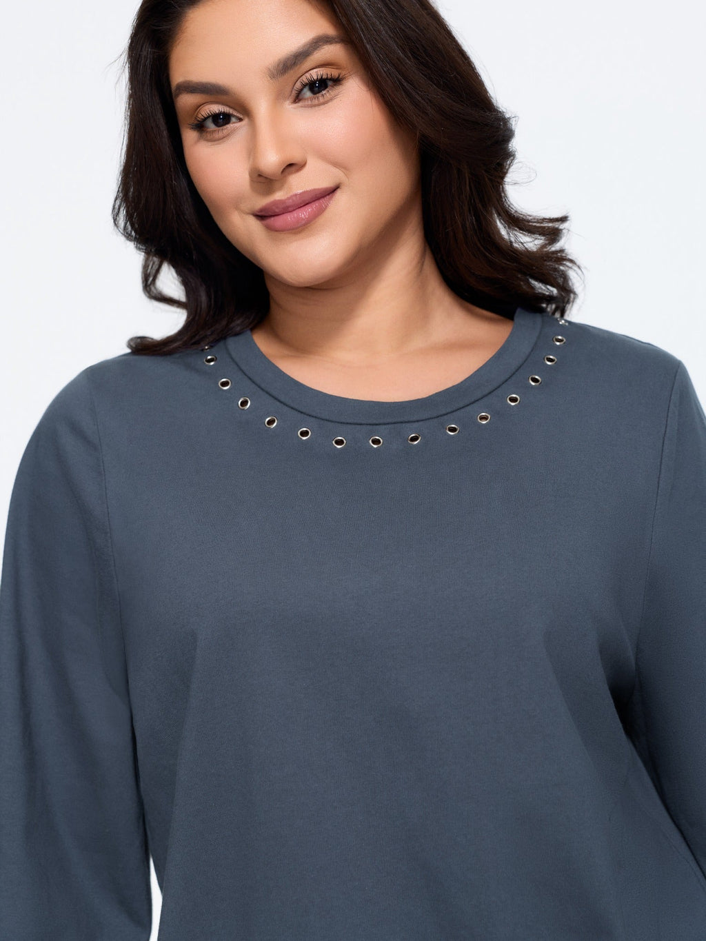 Cotton Crew Neck Metal Eyelet Decor T-Shirt