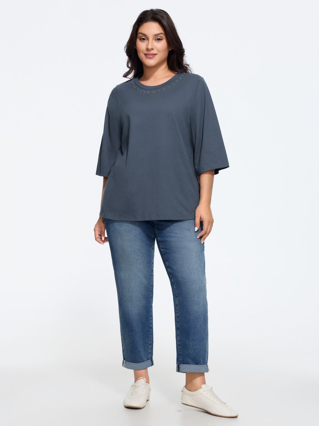 Cotton Crew Neck Metal Eyelet Decor T-Shirt