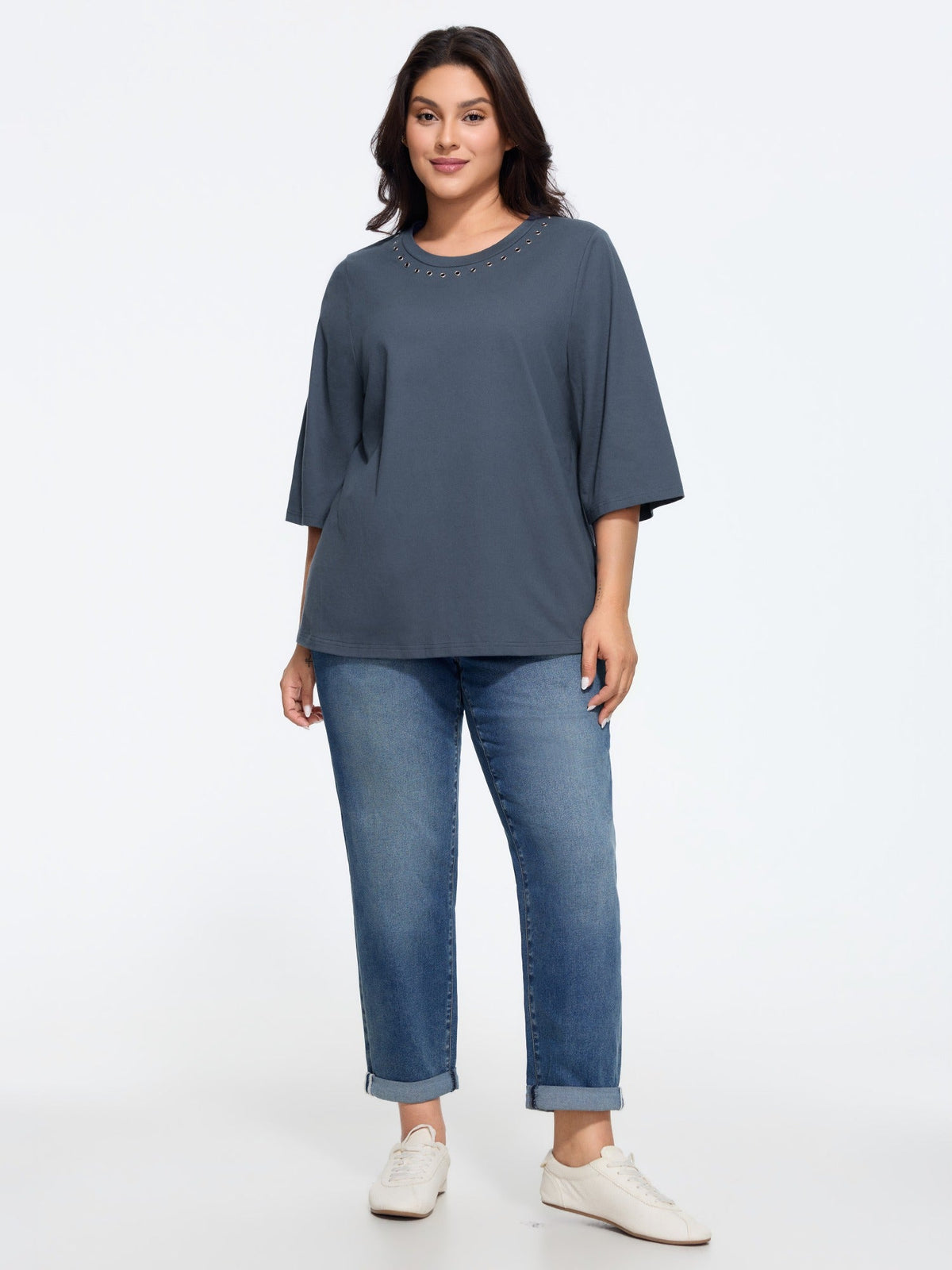 Cotton Crew Neck Metal Eyelet Decor T-Shirt