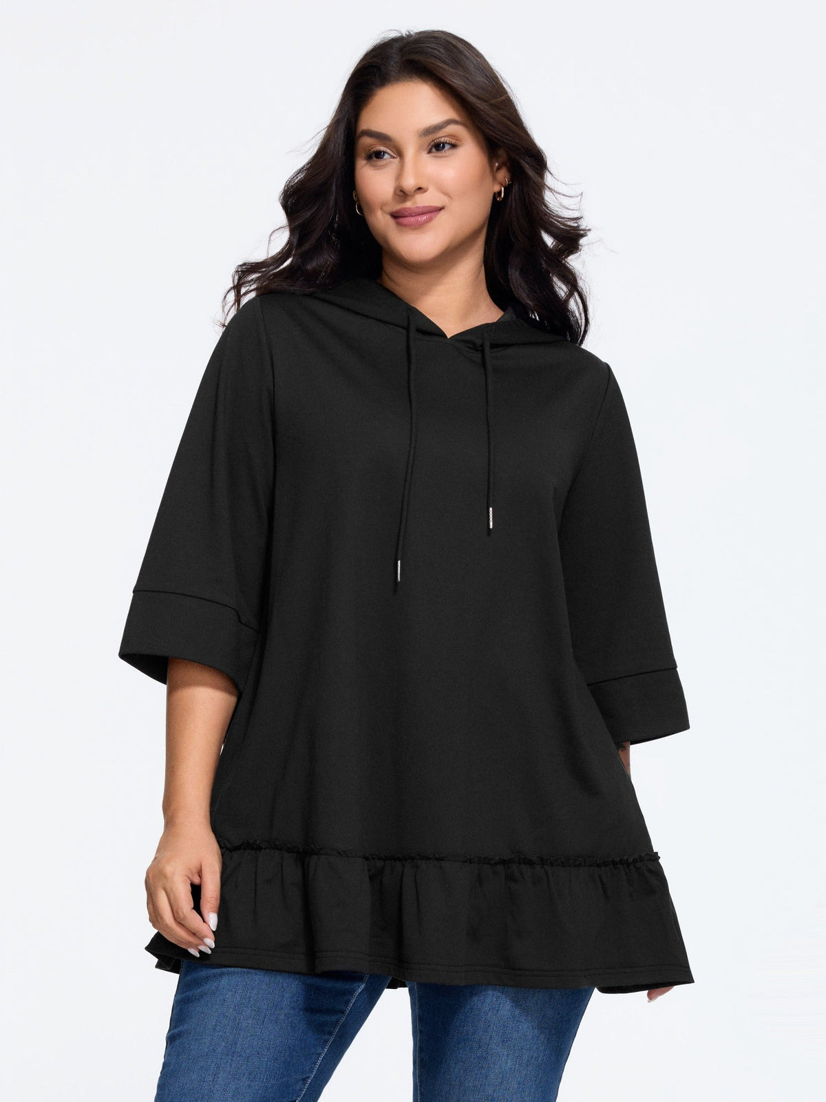 Solid 3/4 Roll‑Up Sleeve Hooded Sweatshirt