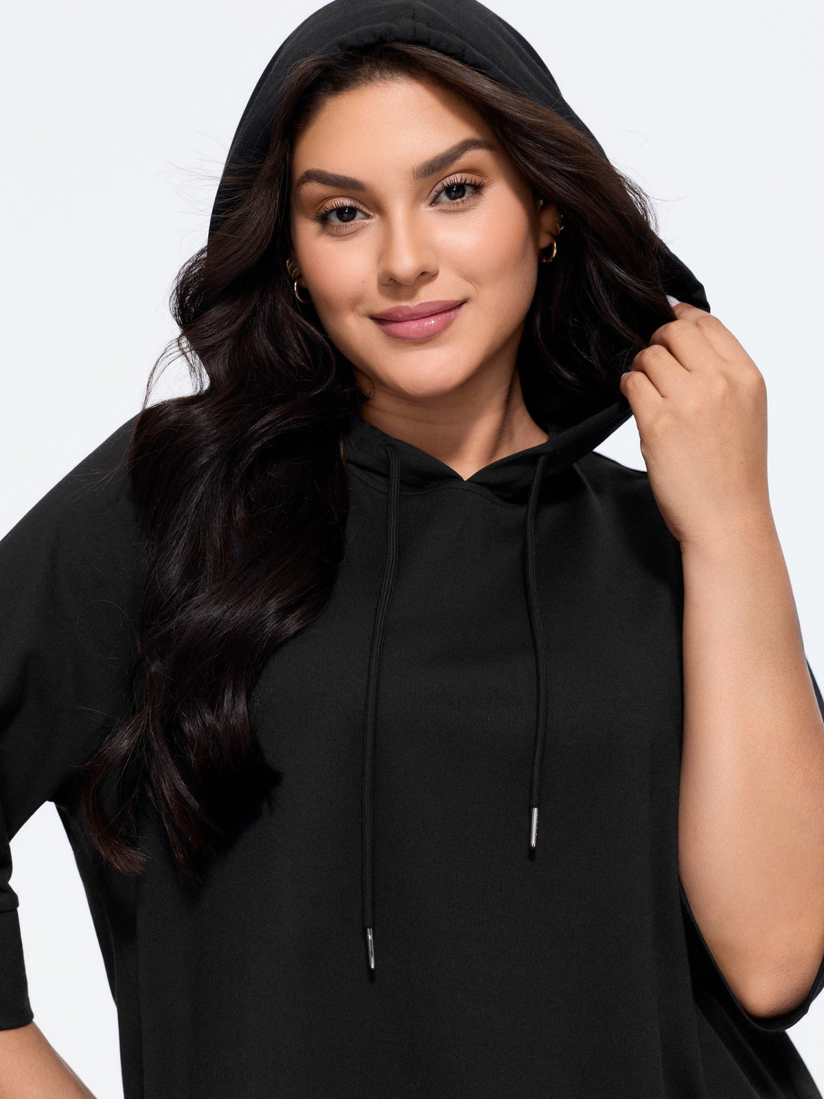 Solid 3/4 Roll‑Up Sleeve Hooded Sweatshirt