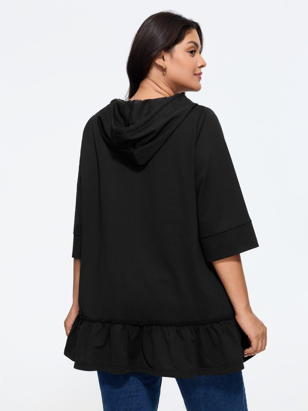 Solid 3/4 Roll‑Up Sleeve Hooded Sweatshirt
