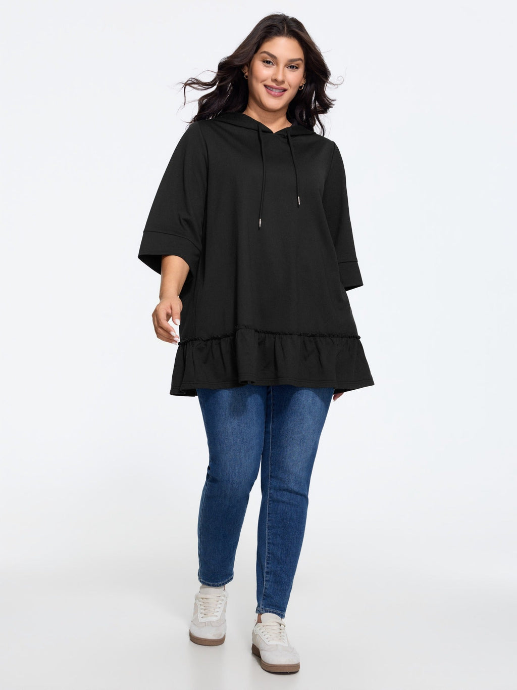 Solid 3/4 Roll‑Up Sleeve Hooded Sweatshirt
