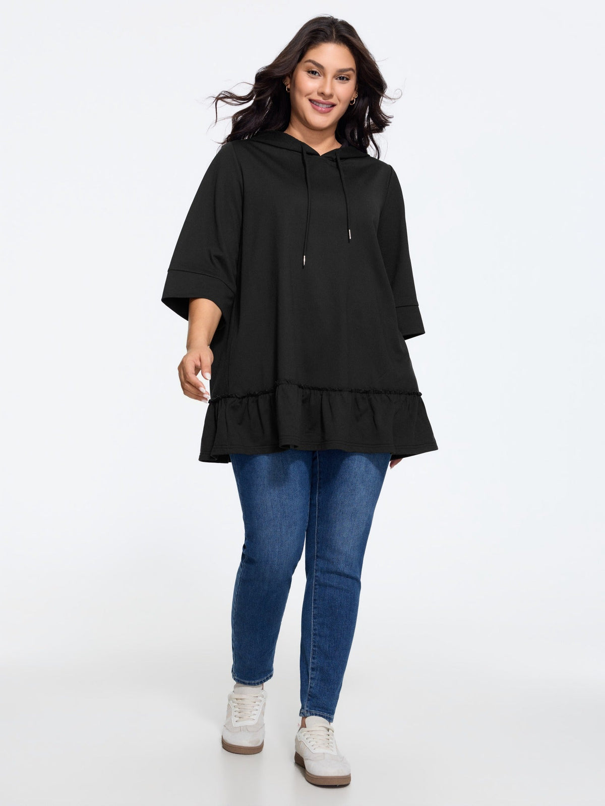 Solid 3/4 Roll‑Up Sleeve Hooded Sweatshirt