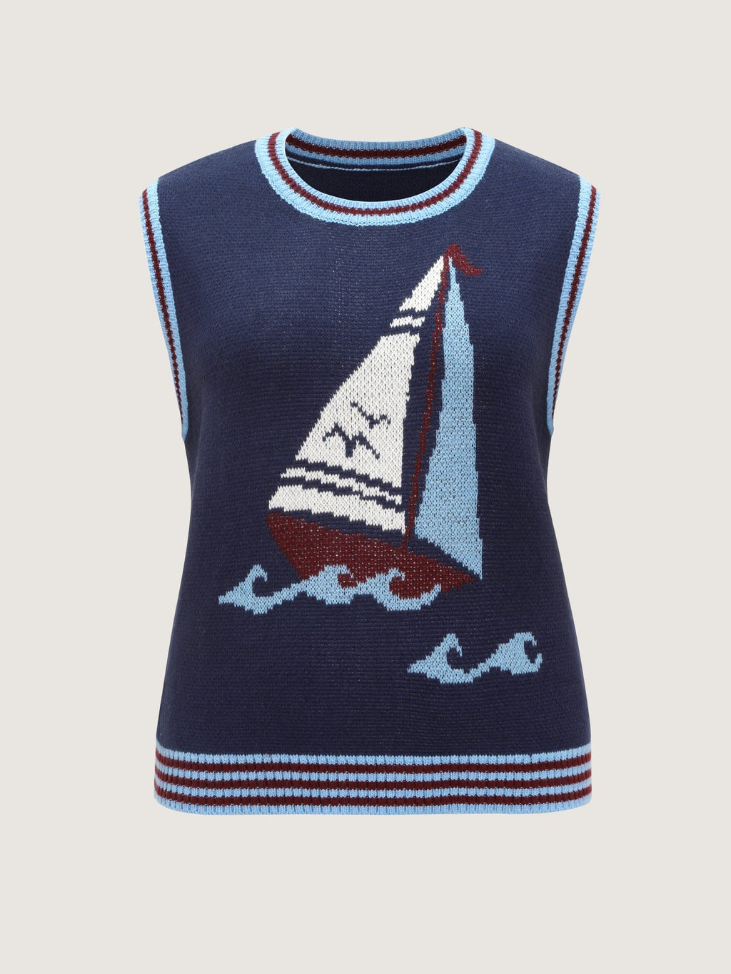 Crew Neck Sailboat Wave Jacquard Sweater Vest