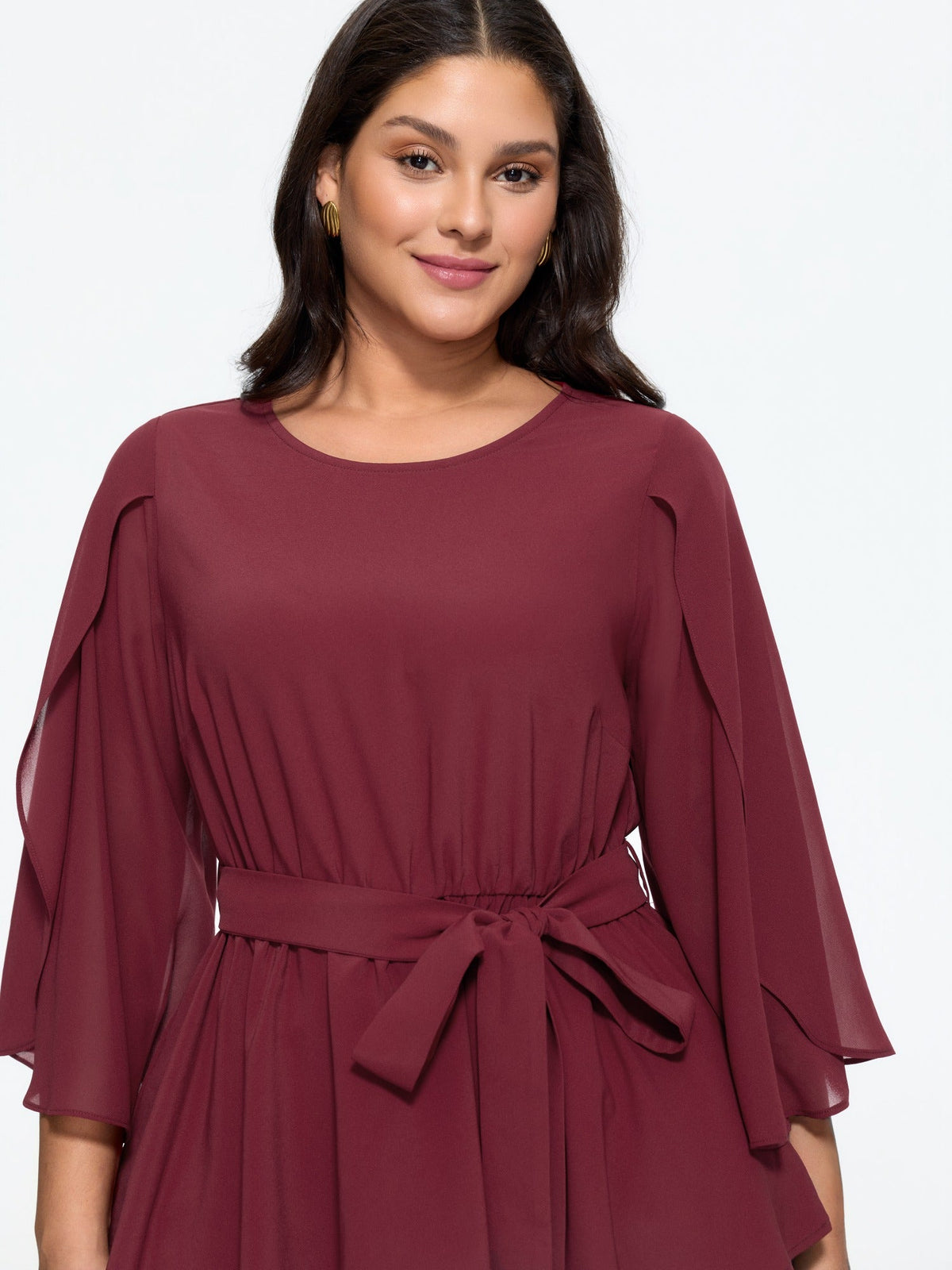 Round Neck Petal Sleeve Bow Tie Flowy Blouse