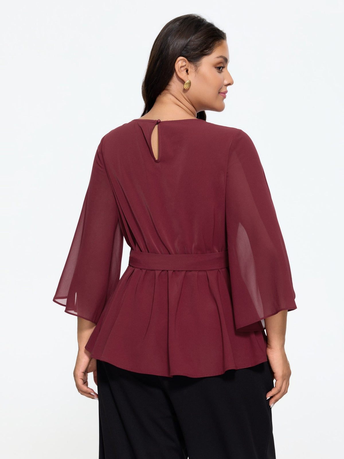Round Neck Petal Sleeve Bow Tie Flowy Blouse