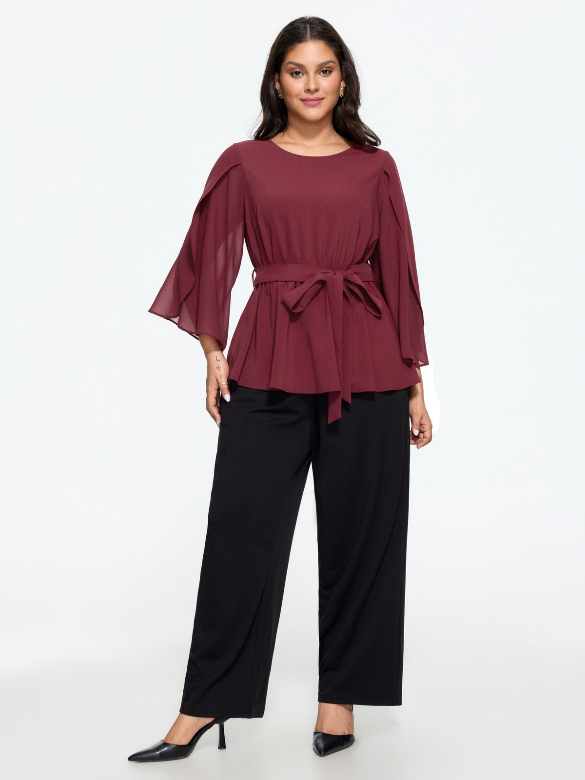 Round Neck Petal Sleeve Bow Tie Flowy Blouse
