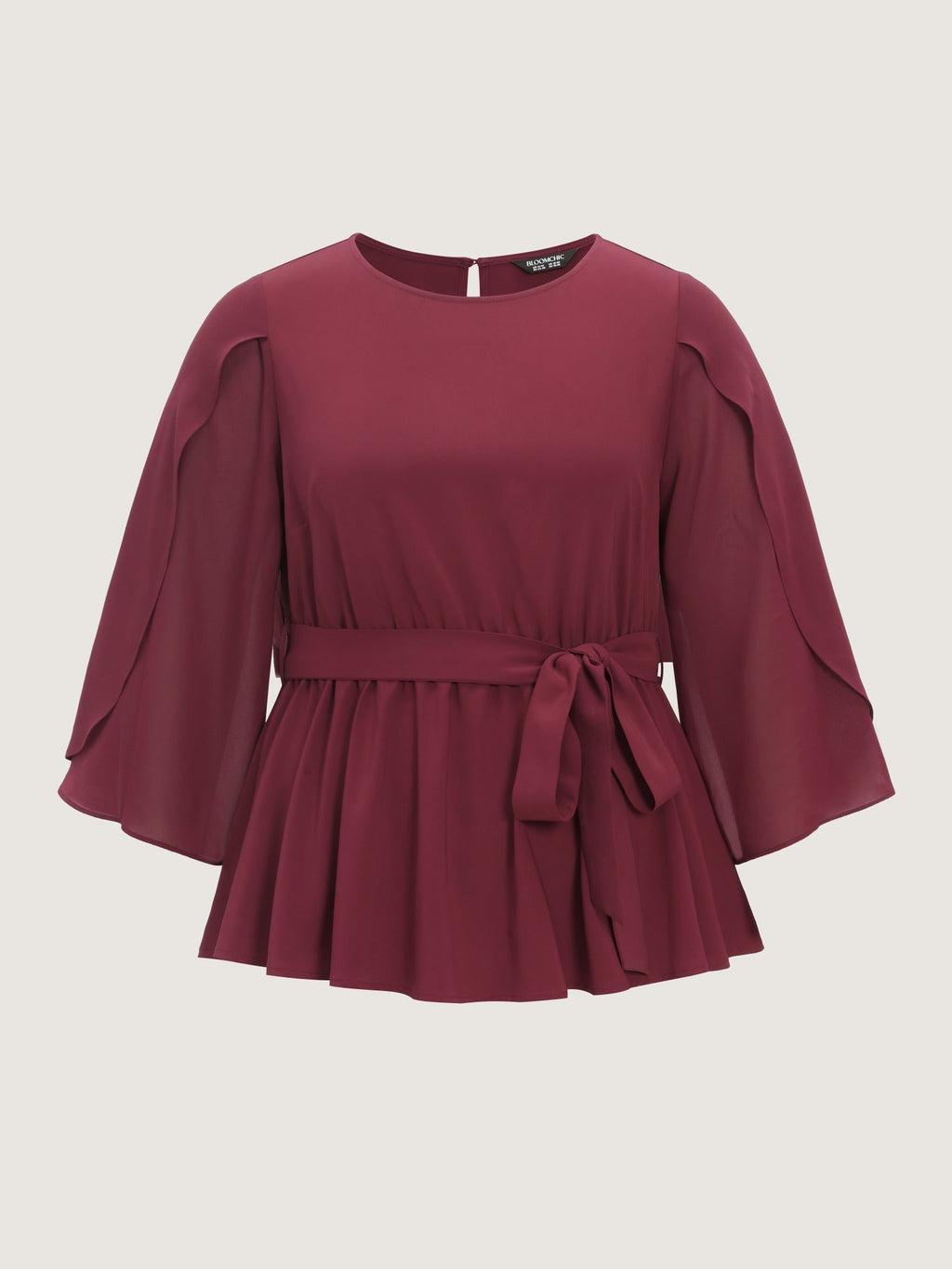Round Neck Petal Sleeve Bow Tie Flowy Blouse