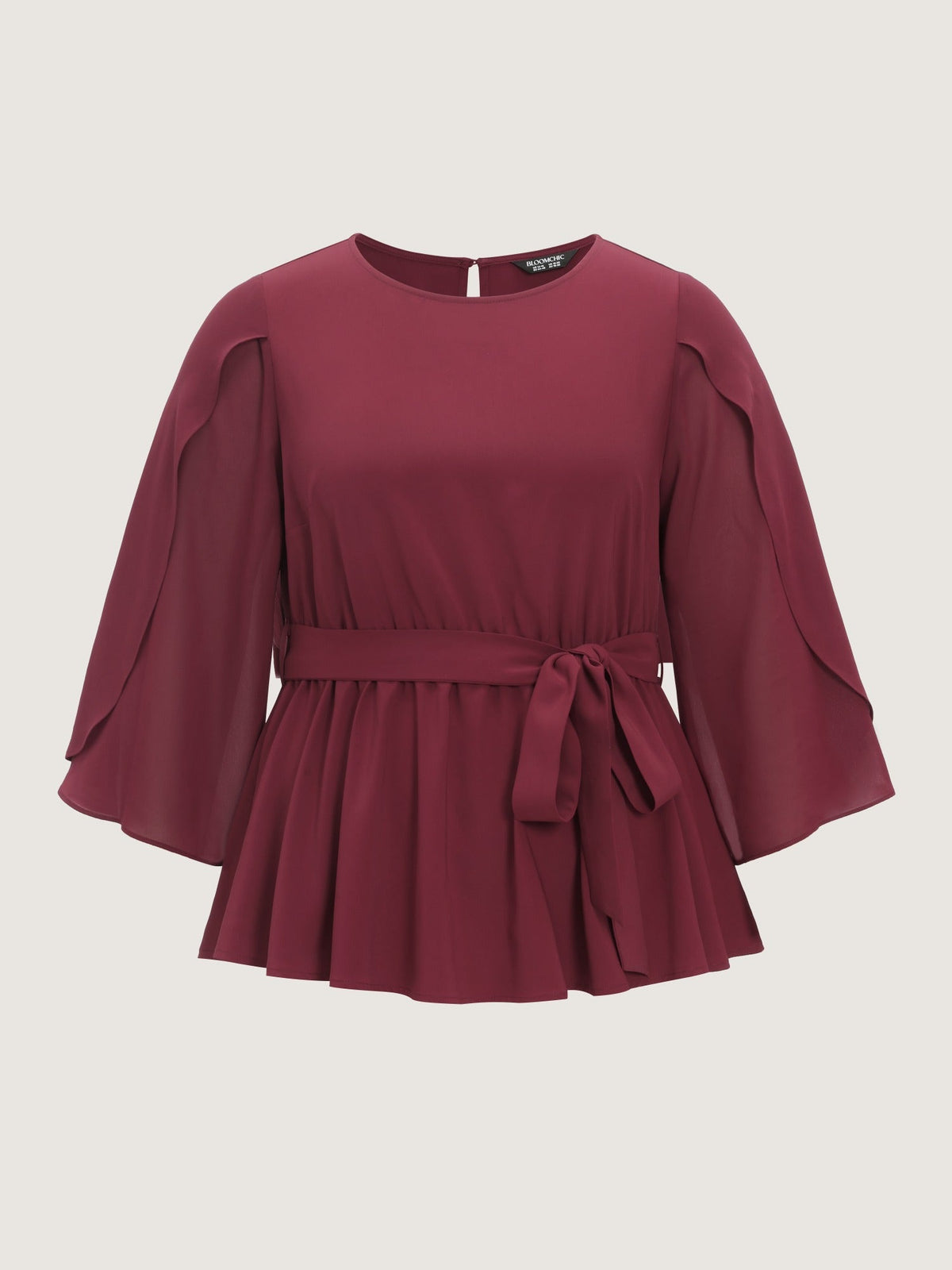 Round Neck Petal Sleeve Bow Tie Flowy Blouse
