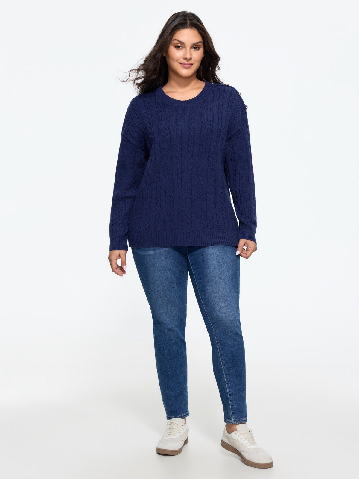 Supersoft Button Detail Shoulder Cable Knit Pullover