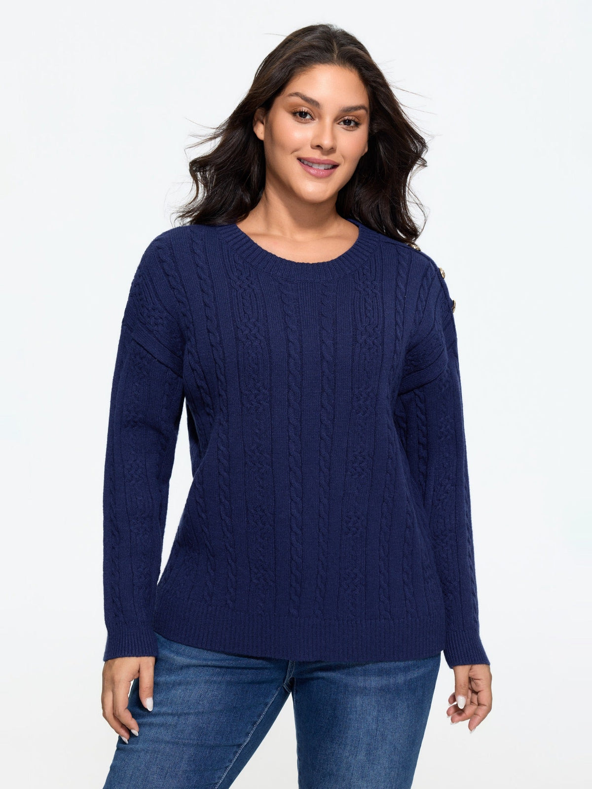 Supersoft Button Detail Shoulder Cable Knit Pullover