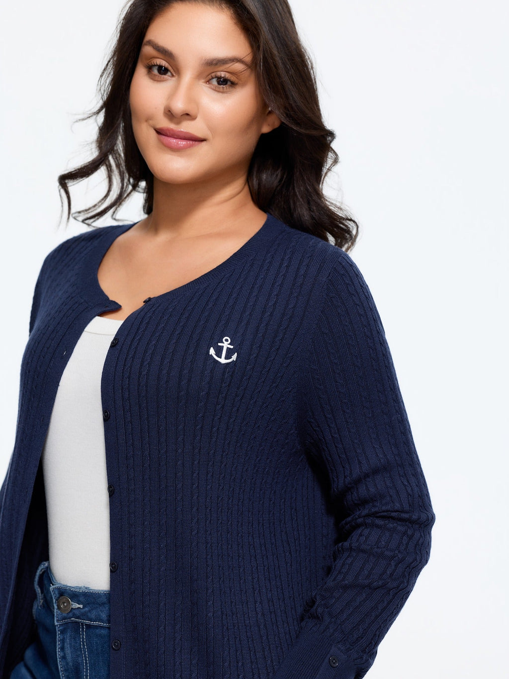 Anchor Embroidery Crew Neck Button Front Cardigan