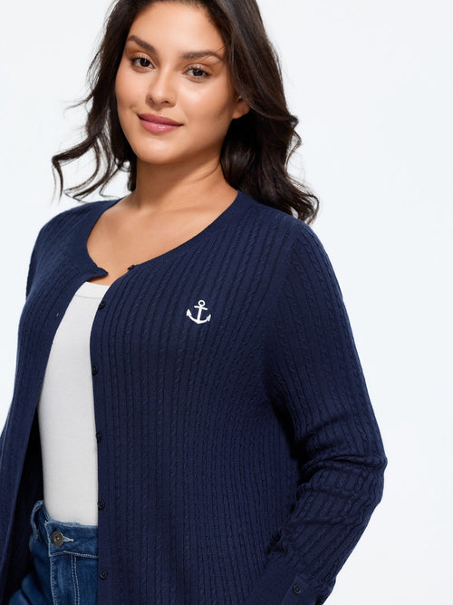 Anchor Embroidery Crew Neck Button Front Cardigan
