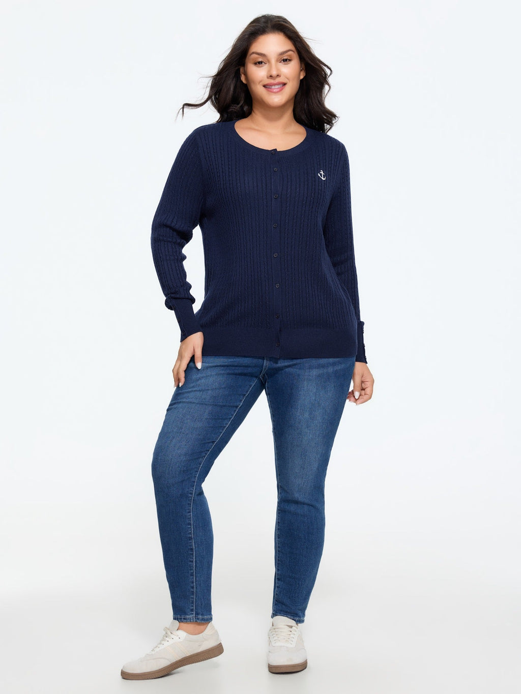 Anchor Embroidery Crew Neck Button Front Cardigan