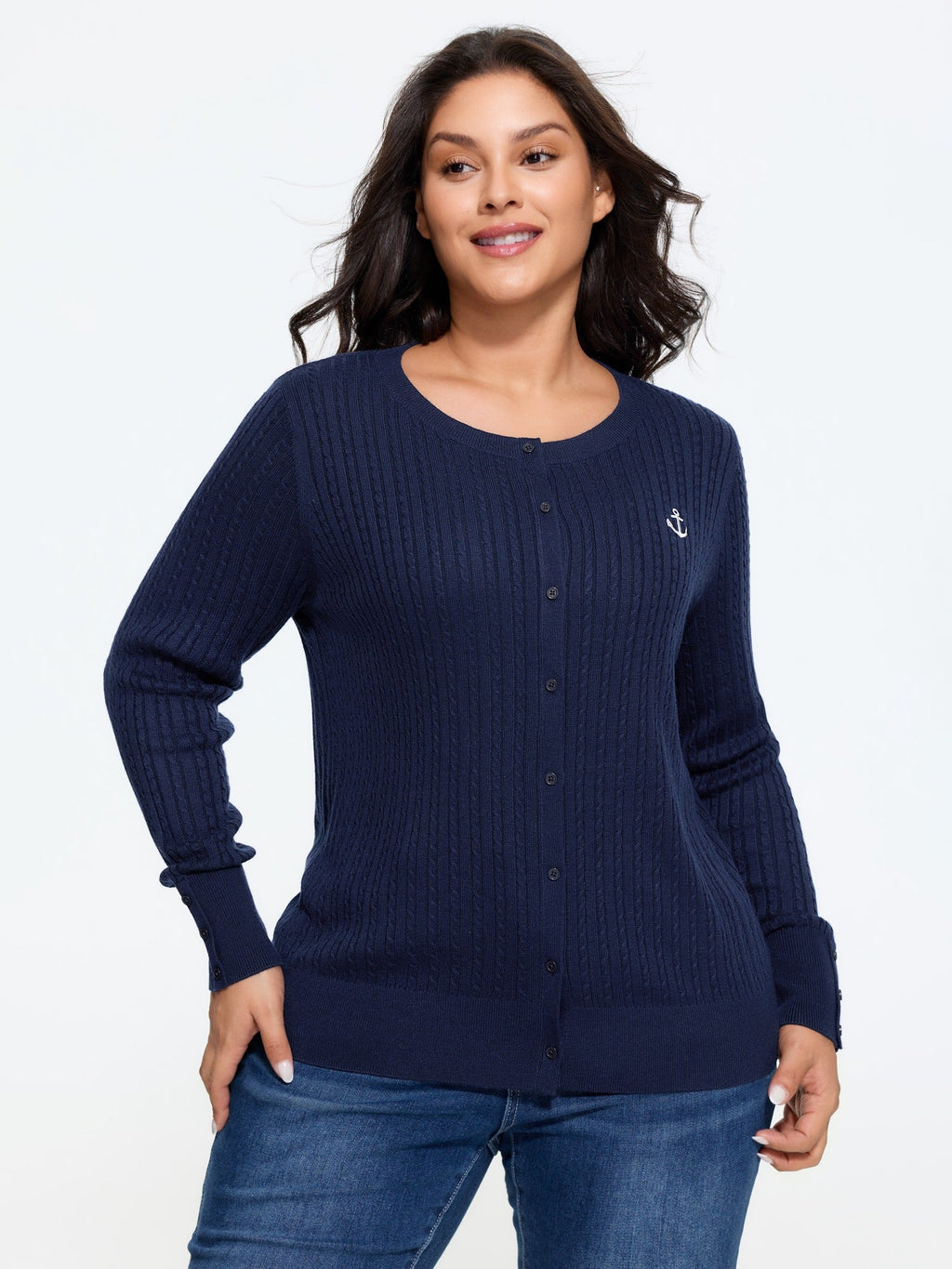 Anchor Embroidery Crew Neck Button Front Cardigan
