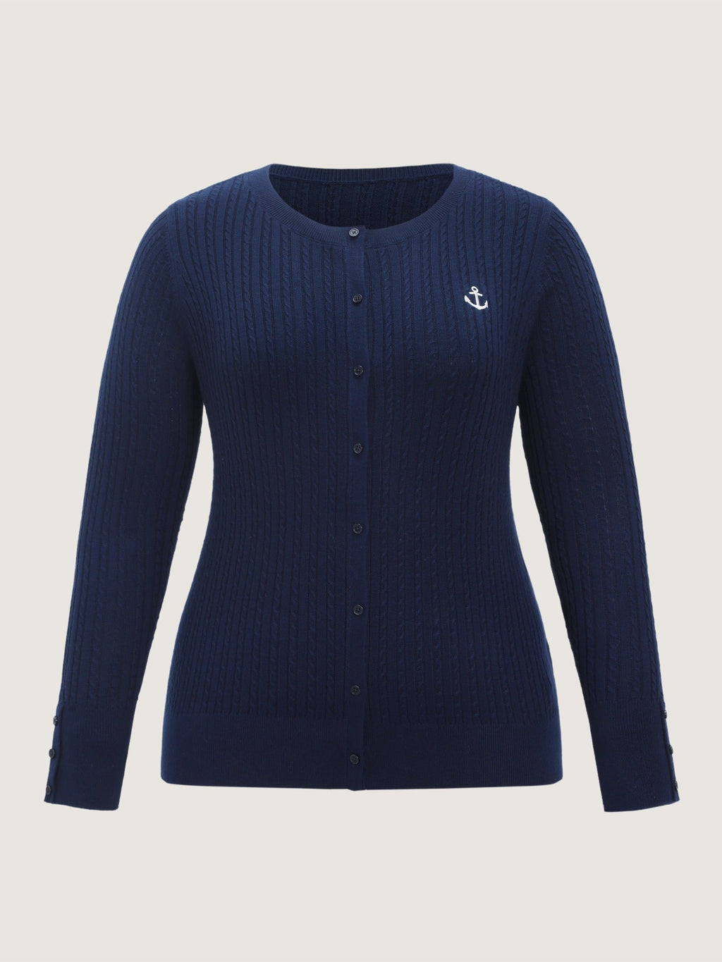 Anchor Embroidery Crew Neck Button Front Cardigan