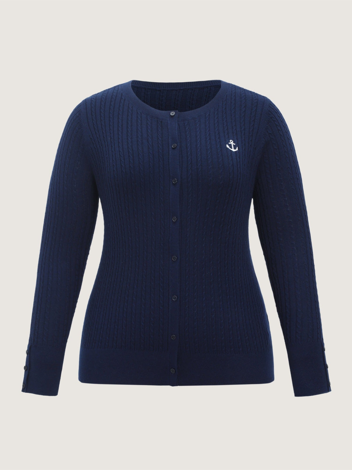 Anchor Embroidery Crew Neck Button Front Cardigan
