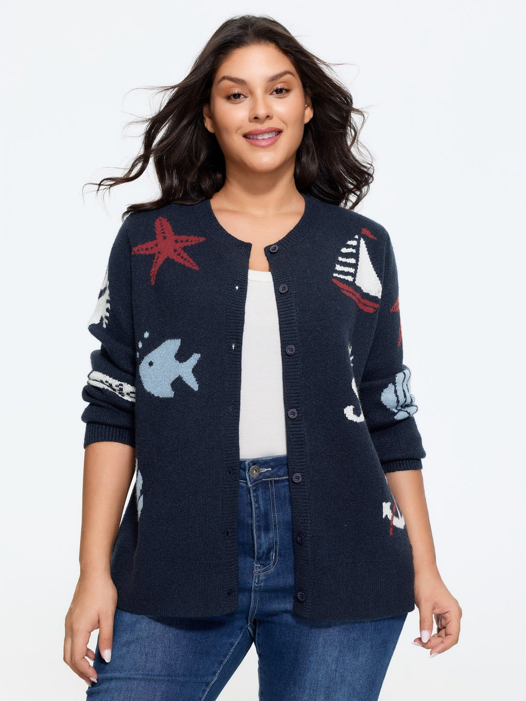 Supersoft Starfish Shell Jacquard Button Front Cardigan