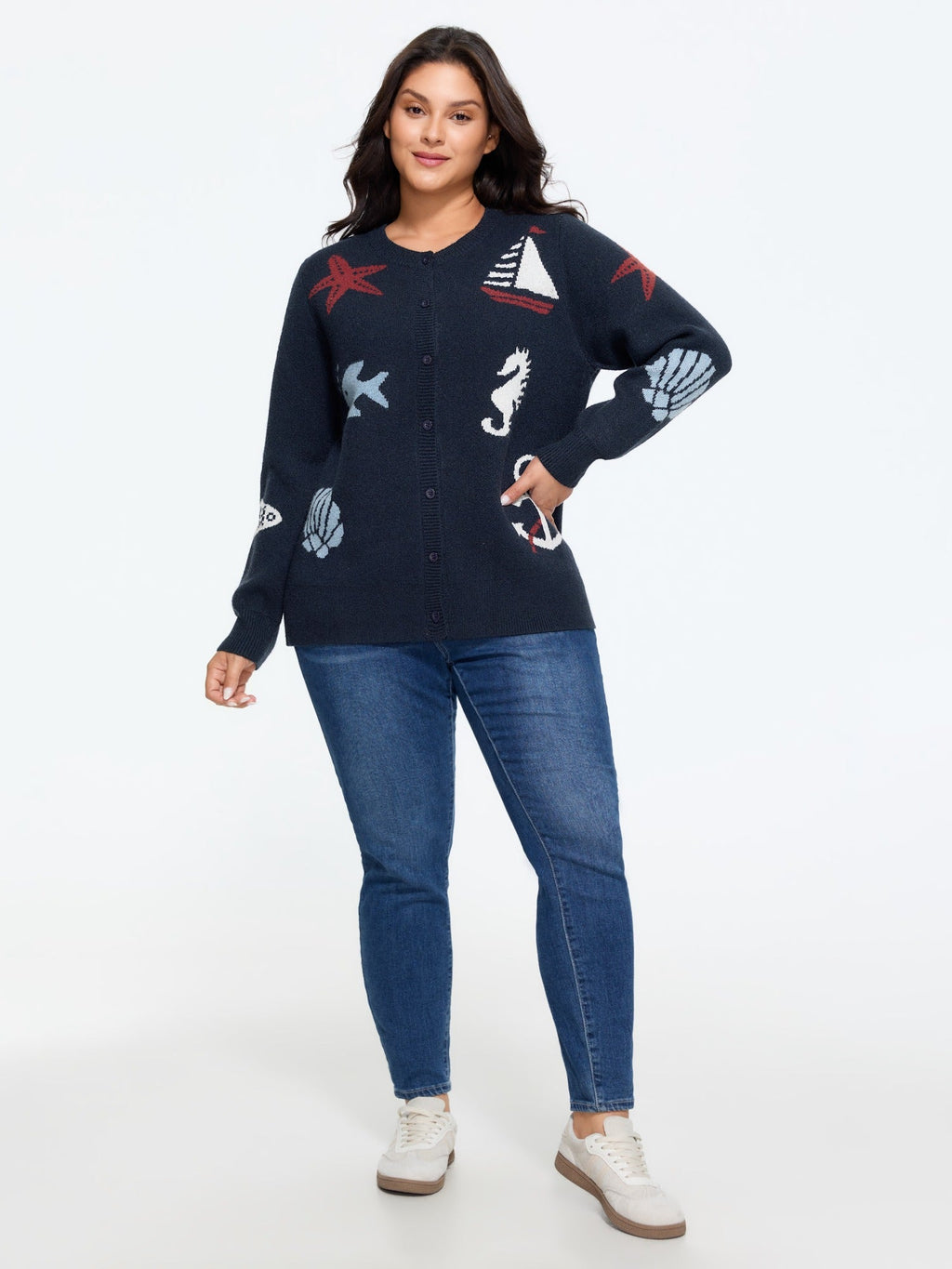 Supersoft Starfish Shell Jacquard Button Front Cardigan