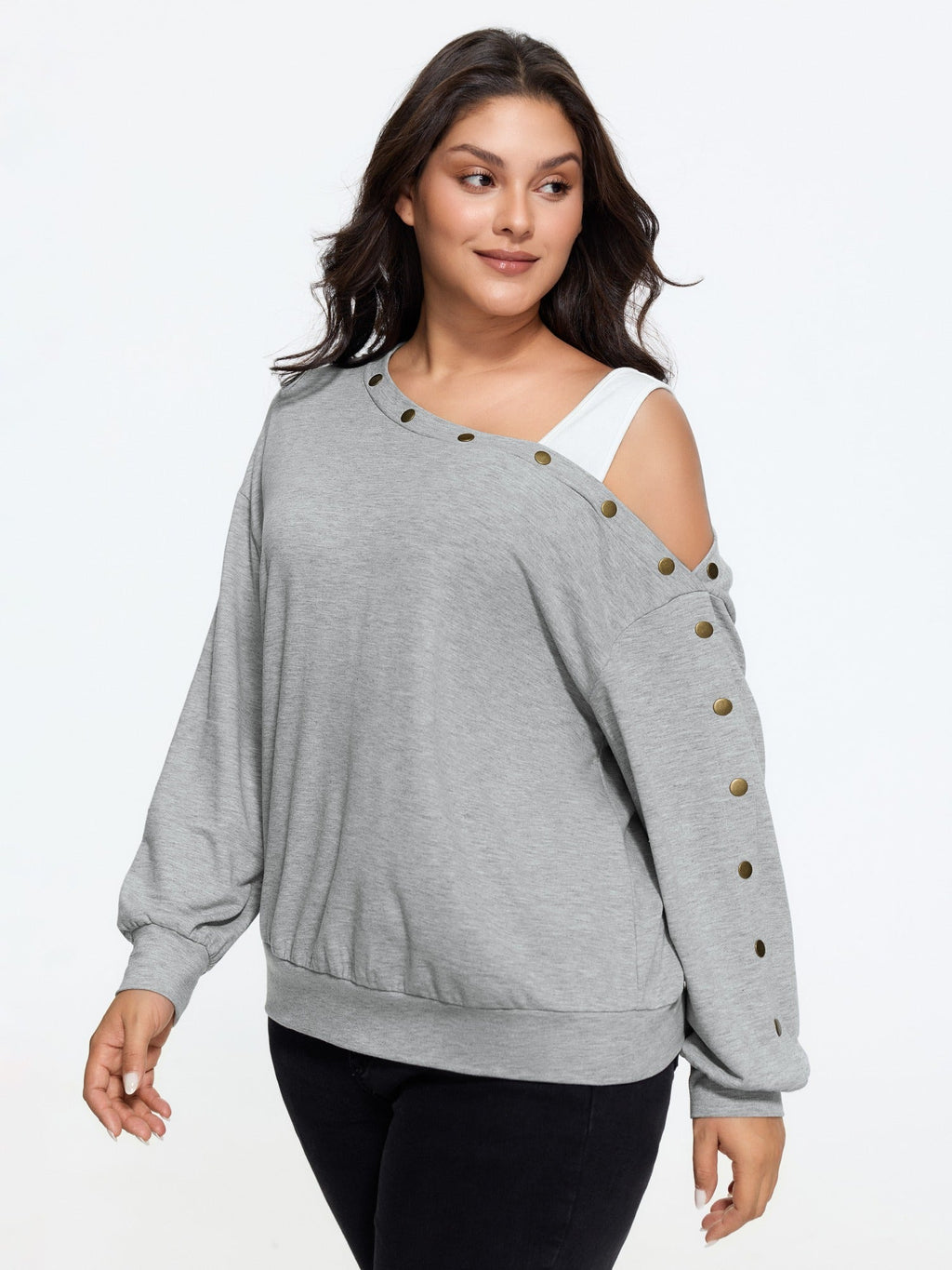 Cotton One‑Shoulder Metal Rivet Decor Sweatshirt